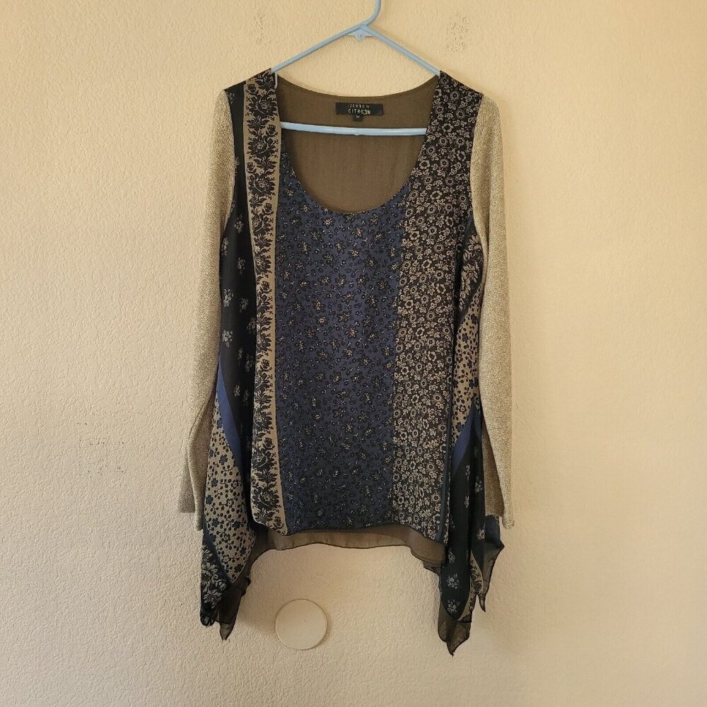 Poeme Citron Knit Chiffon Contrast Long Sleeve Top Med Floral Artsy Asymmetrical